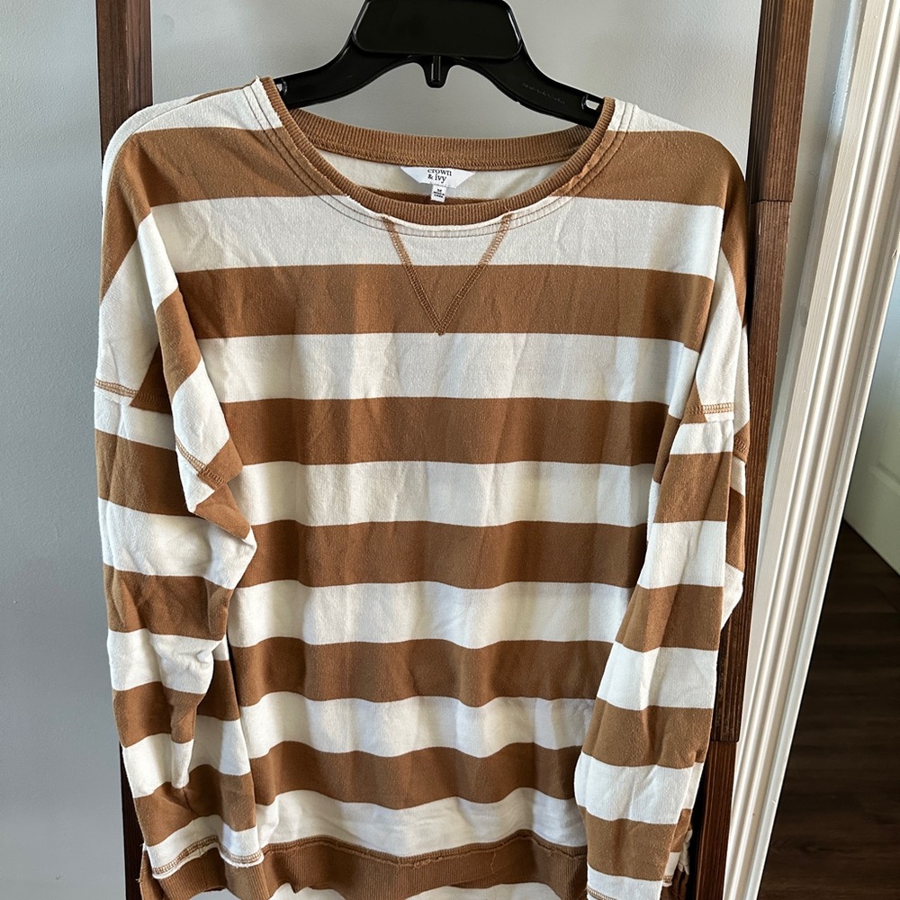 Crown Women's Long Sleeve Shirt - Brown and White Stripes